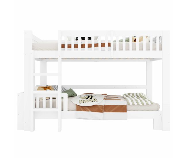 Cama infantil modular 90x200 cm - beliche e cama individual combináveis, madeira maciça, grade de segurança, cantos arredondados - branco