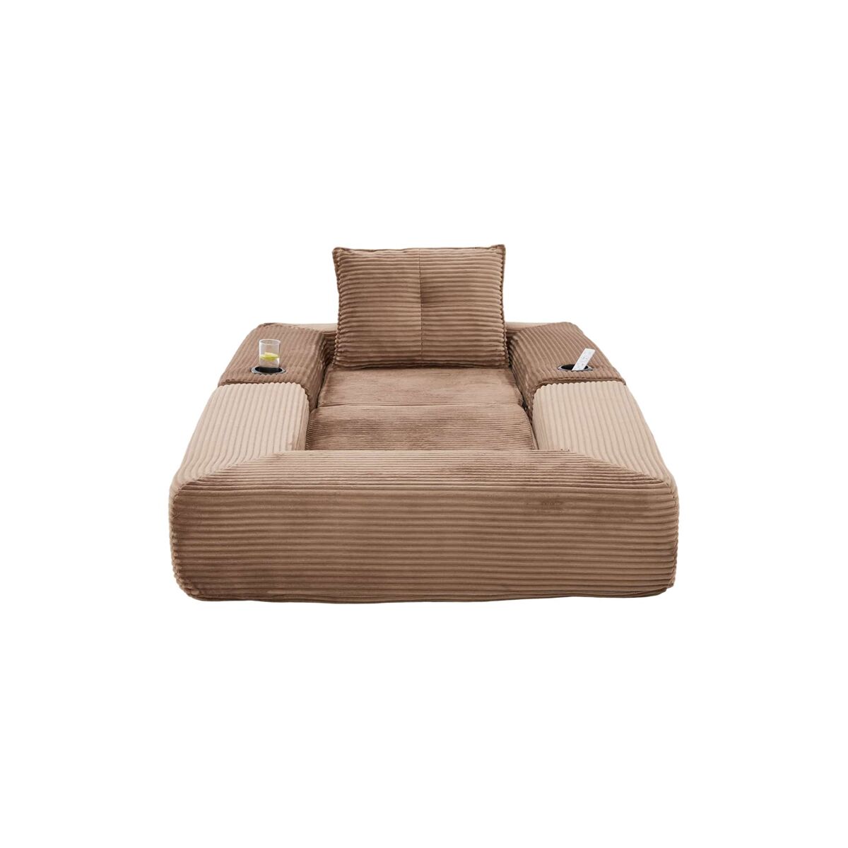 Sofá-cama individual em veludo - espuma de alta densidade com molas ensacadas, bolso lateral, porta-copos e montagem fácil - castanho