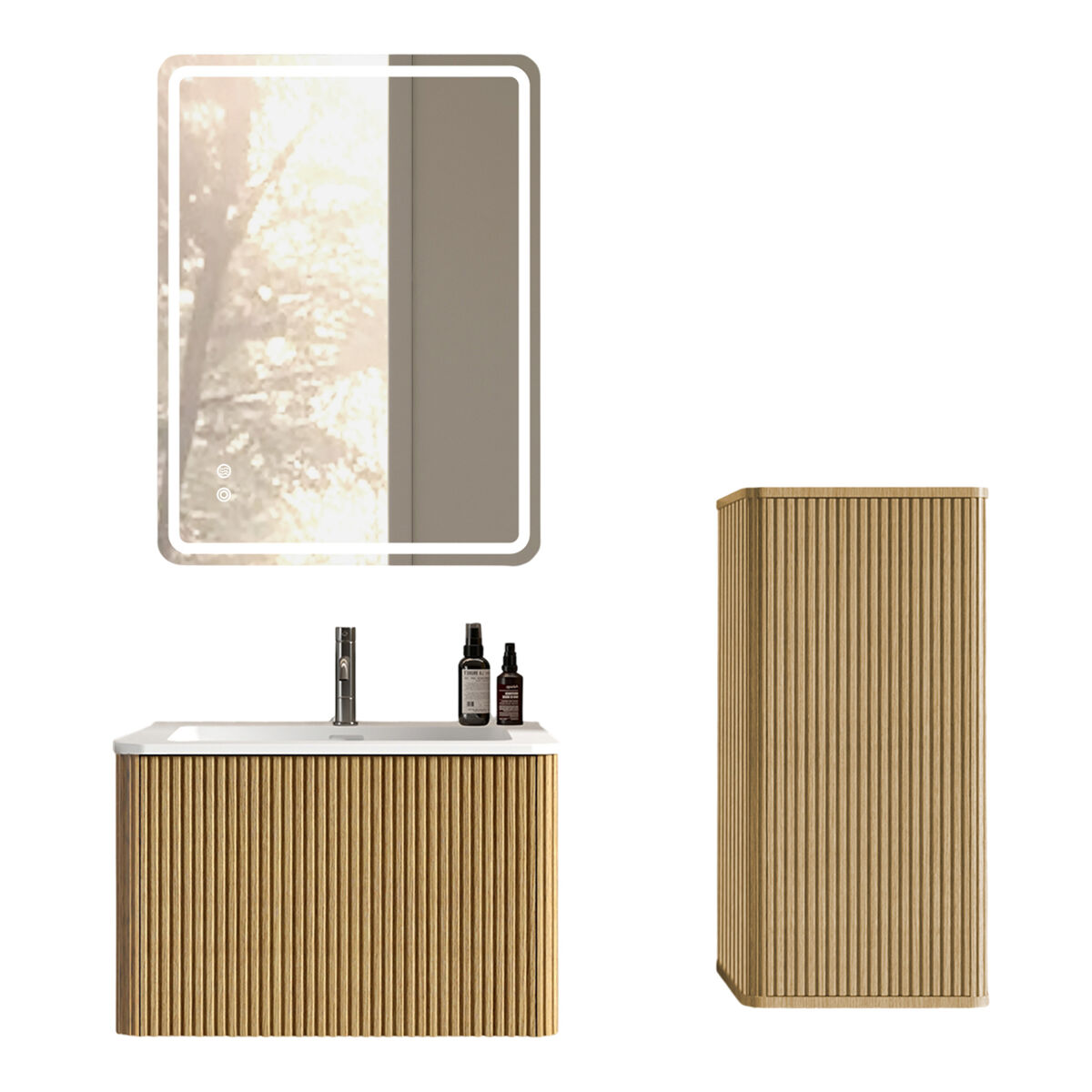 Conjunto de móveis de casa de banho de 61 cm com espelho led – móvel suspenso com lavatório e armário lateral, design moderno – carvalho