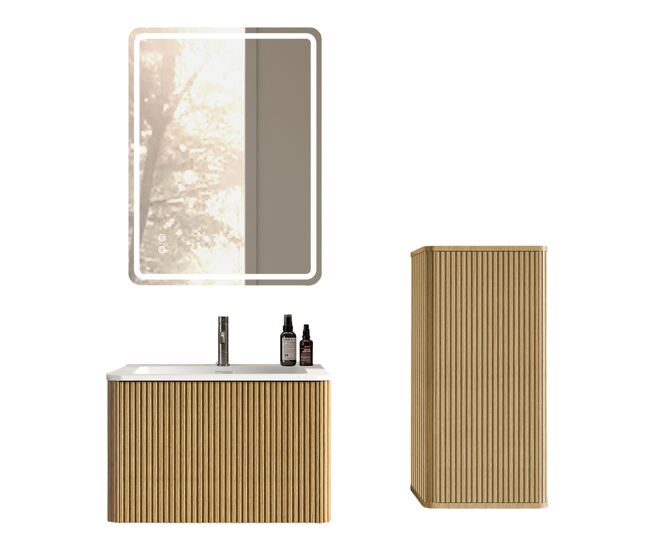 Conjunto de móveis de casa de banho de 61 cm com espelho led – móvel suspenso com lavatório e armário lateral, design moderno – carvalho