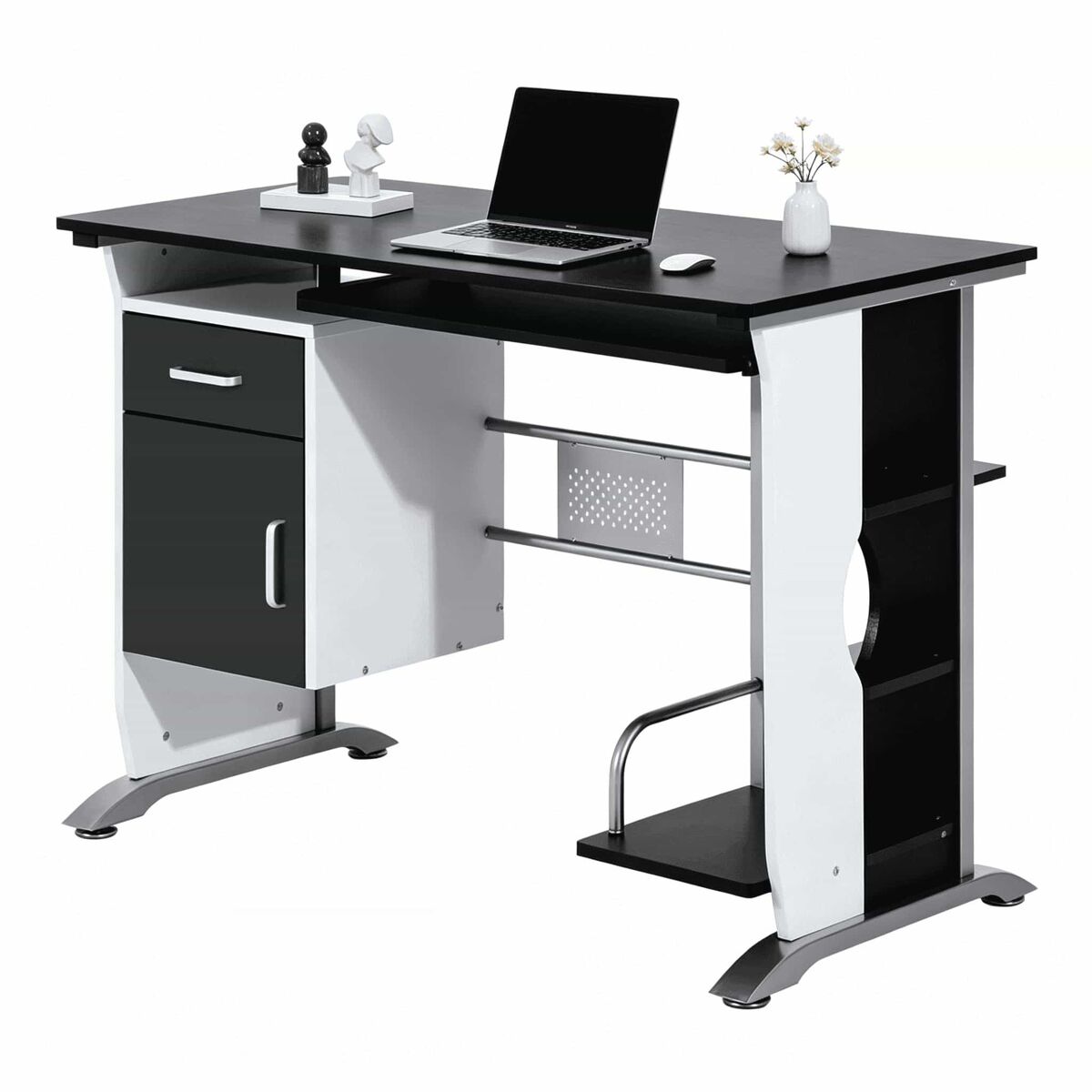 Secretária de escritório - design moderno com vários espaços de arrumação - preto, prateado e branco