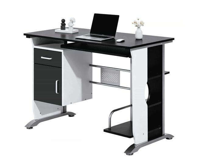 Secretária de escritório - design moderno com vários espaços de arrumação - preto, prateado e branco