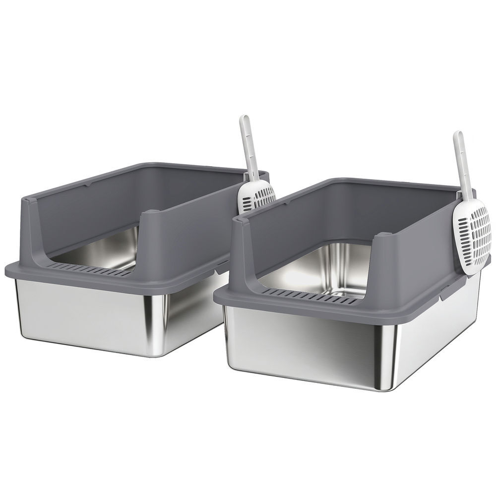 Pawhut conjunto de 2 caixas de areia xl em aço inoxidável para gatos, com bordo alto, 2 pás, fácil de limpar, para gatos grandes e vários gatos,