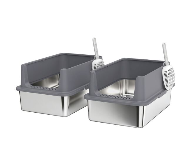 Pawhut conjunto de 2 caixas de areia xl em aço inoxidável para gatos, com bordo alto, 2 pás, fácil de limpar, para gatos grandes e vários gatos,