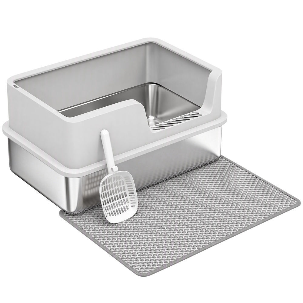 Pawhut caixa de areia xl para gatos em aço inoxidável, com rebordo alto, pá, escova e gancho, fácil de limpar, antifugas, cinzento-claro