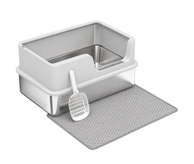 Pawhut caixa de areia xl para gatos em aço inoxidável, com rebordo alto, pá, escova e gancho, fácil de limpar, antifugas, cinzento-claro