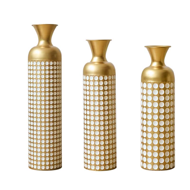 Conjunto de 3 vasos de chão (50/66/83 cm) - metal com padrão de pontos brancos, design elegante para flores secas e ervas da pampa - bronze antigo e
