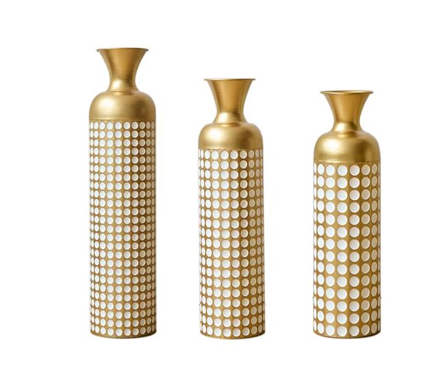 Conjunto de 3 vasos de chão (50/66/83 cm) - metal com padrão de pontos brancos, design elegante para flores secas e ervas da pampa - bronze antigo e