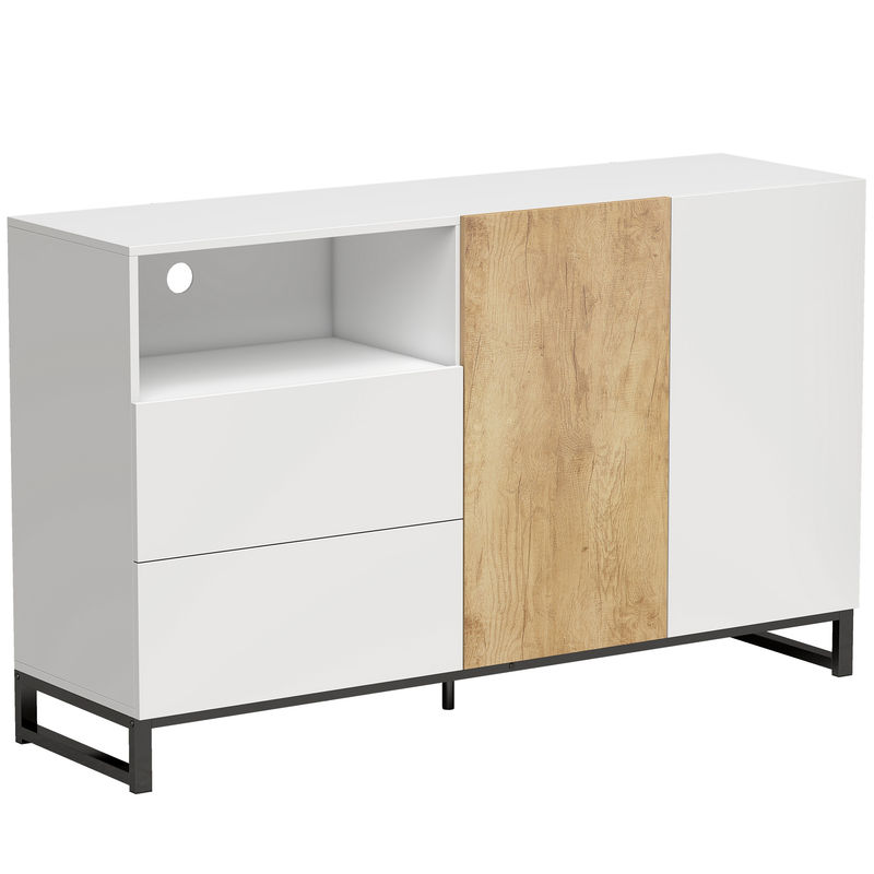 Homcom aparador estreito com 2 portas e 2 gavetas, aparador para sala com nicho aberto e étagère ajustável, 140x40x85 cm, blanc e carvalho
