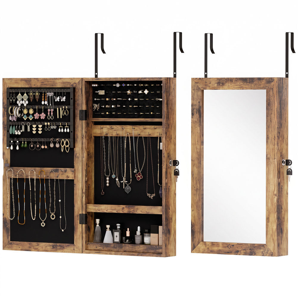 Homcom armário para joias de parede com espelho, fechadura e compartimentos, para parede ou porta, castanho rústico