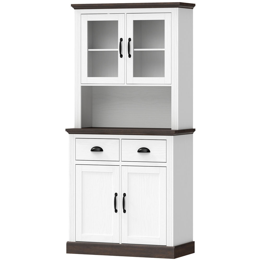 Homcom armário de cozinha alto com portas de vidro, 2 gavetas, prateleiras ajustáveis e nicho aberto, 80x38x170 cm, branco e castanho