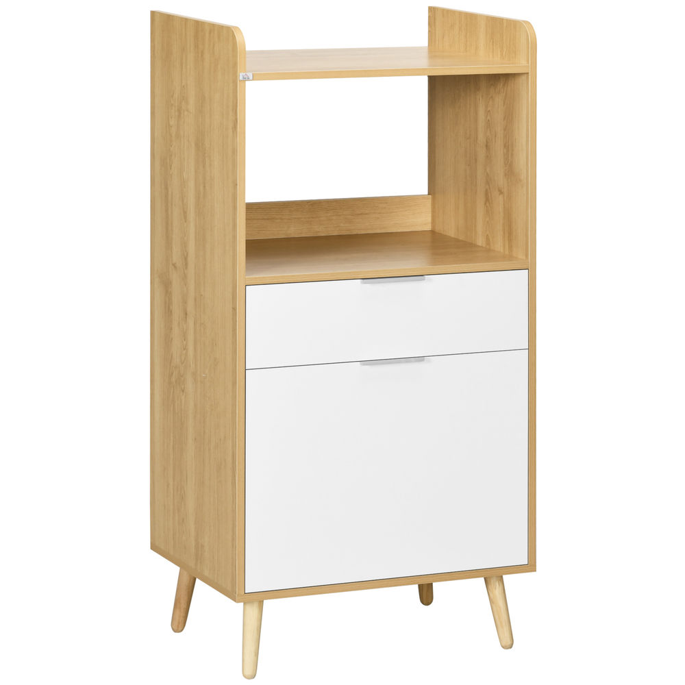Homcom armário para micro-ondas, móvel auxiliar de cozinha em estilo escandinavo com armário, gaveta e étagère ajustável, 58x40x118 cm, natural e blanc