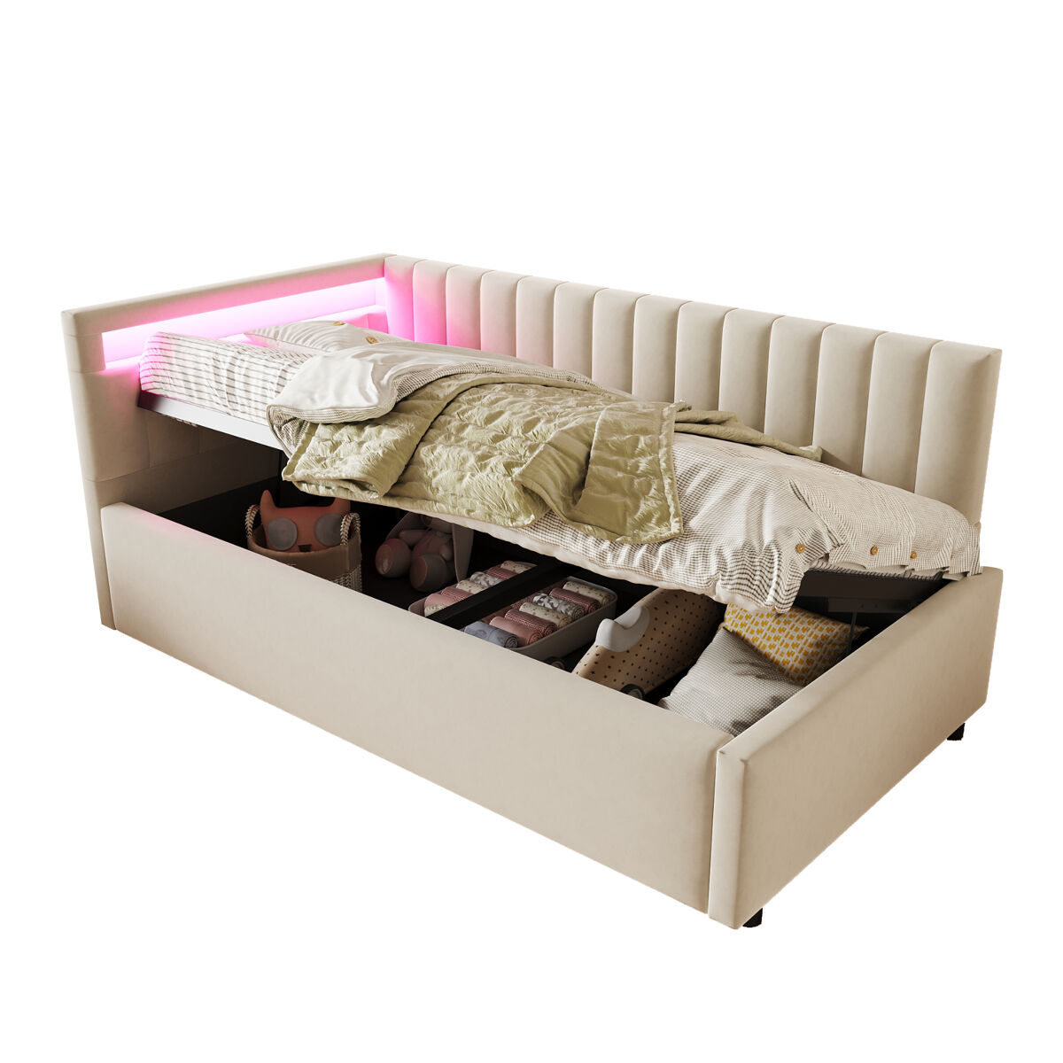 Cama de solteiro de veludo 90x200 cm com armazenamento e luz led,bege