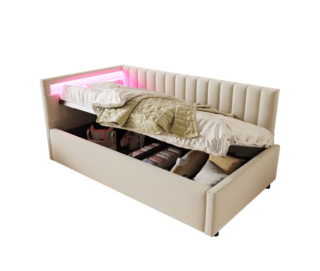 Cama de solteiro de veludo 90x200 cm com armazenamento e luz led,bege