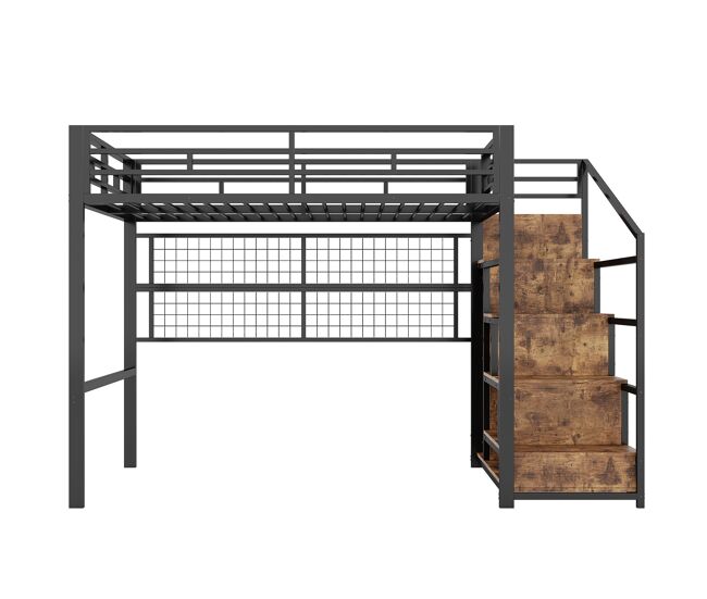 Beliche alto 140x200cm - estrutura em ferro, armário, escada de arrumação, grelha para pendurar objetos, espaço livre debaixo da cama, luzes led de 7 cores - noir