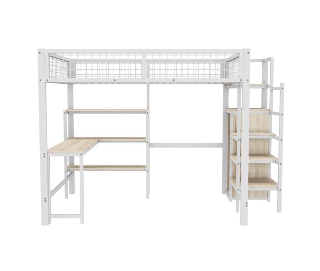 Cama alta 140x200 cm - estrutura em ferro - com secretária e prateleiras - branco