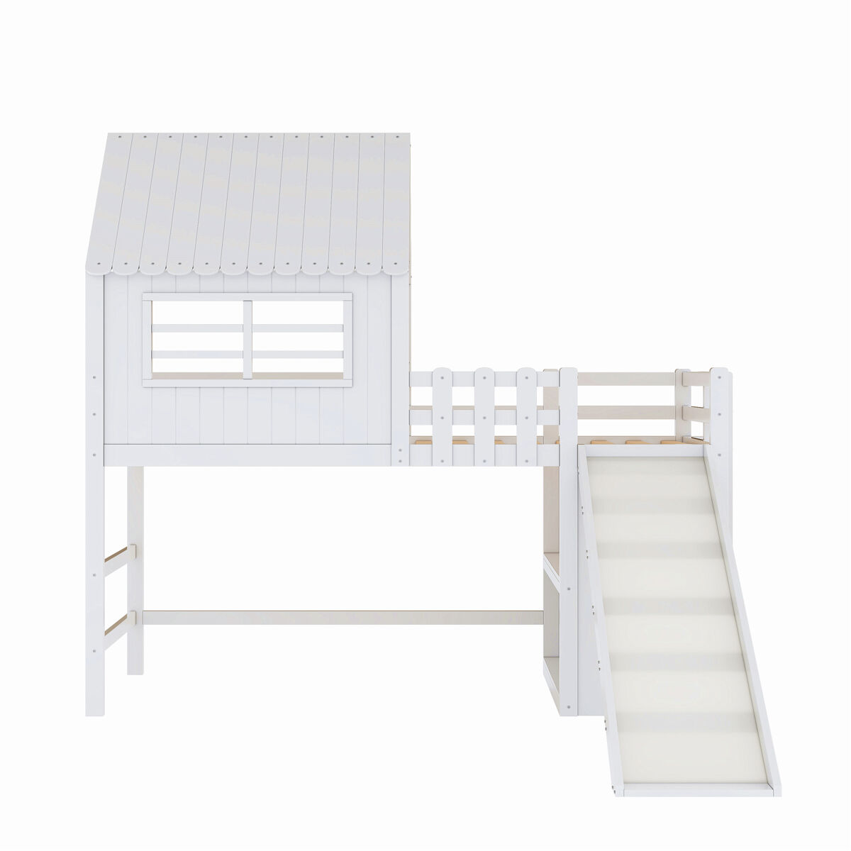 Cama alta infantil 90x200 cm - design ático, escada e rampa de segurança, prateleiras multifuncionais - madeira maciça, branca
