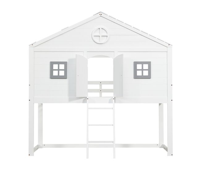 Cama tipo casa 90x200cm - com escada, proteção anticaídas, duas janelas cinzentas - branco+cinza
