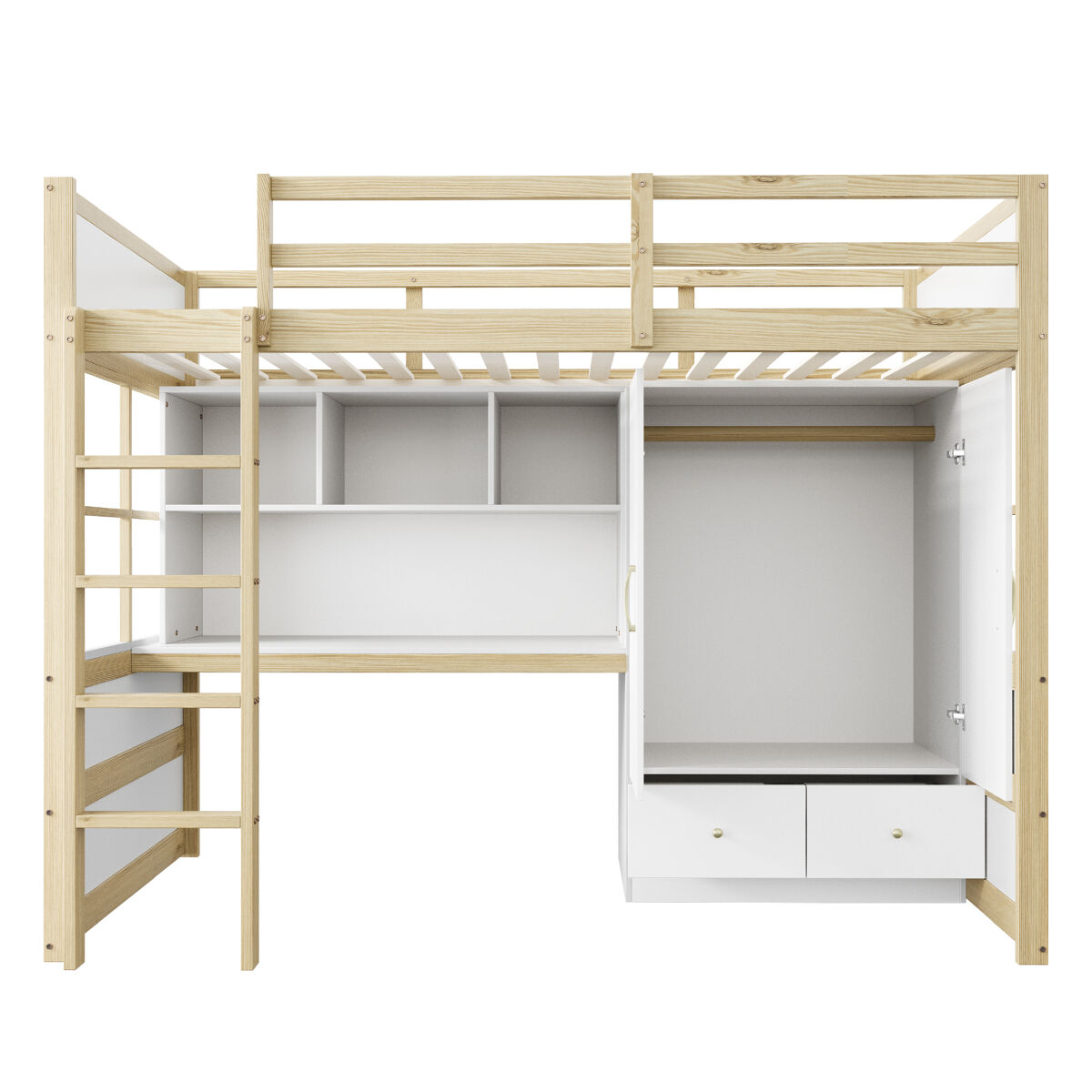 Cama alta 90x200 cm - com escada, secretária com arrumação, armário e gavetas - cor madeira