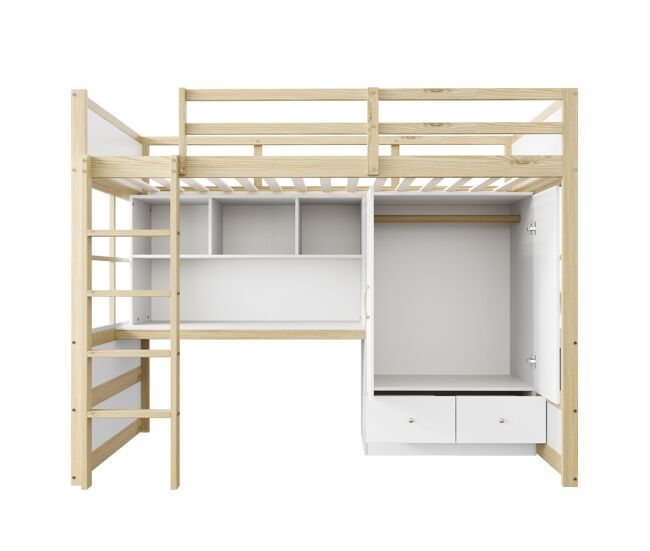 Cama alta 90x200 cm - com escada, secretária com arrumação, armário e gavetas - cor madeira