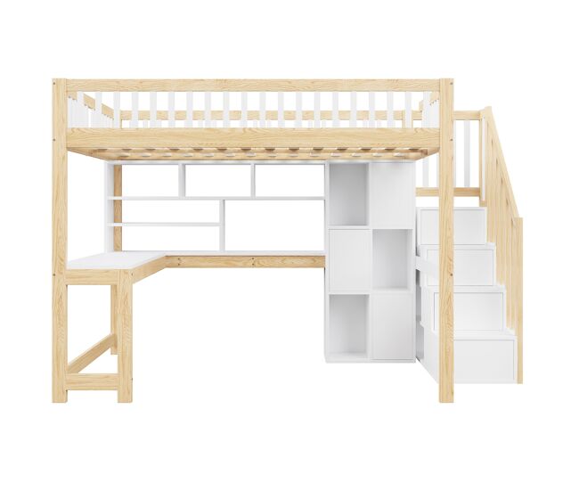 Cama alta 140x200 cm - com luzes led, estante, secretária, sem colchão - branco+natural