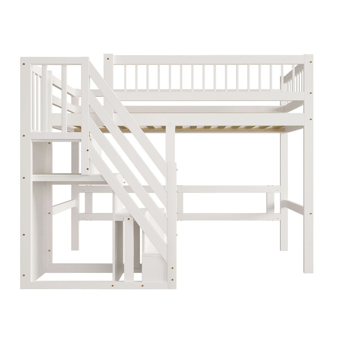 Cama alta em madeira maciça 90x200 - com escada e armário de arrumação, cama individual para crianças e jovens - branco