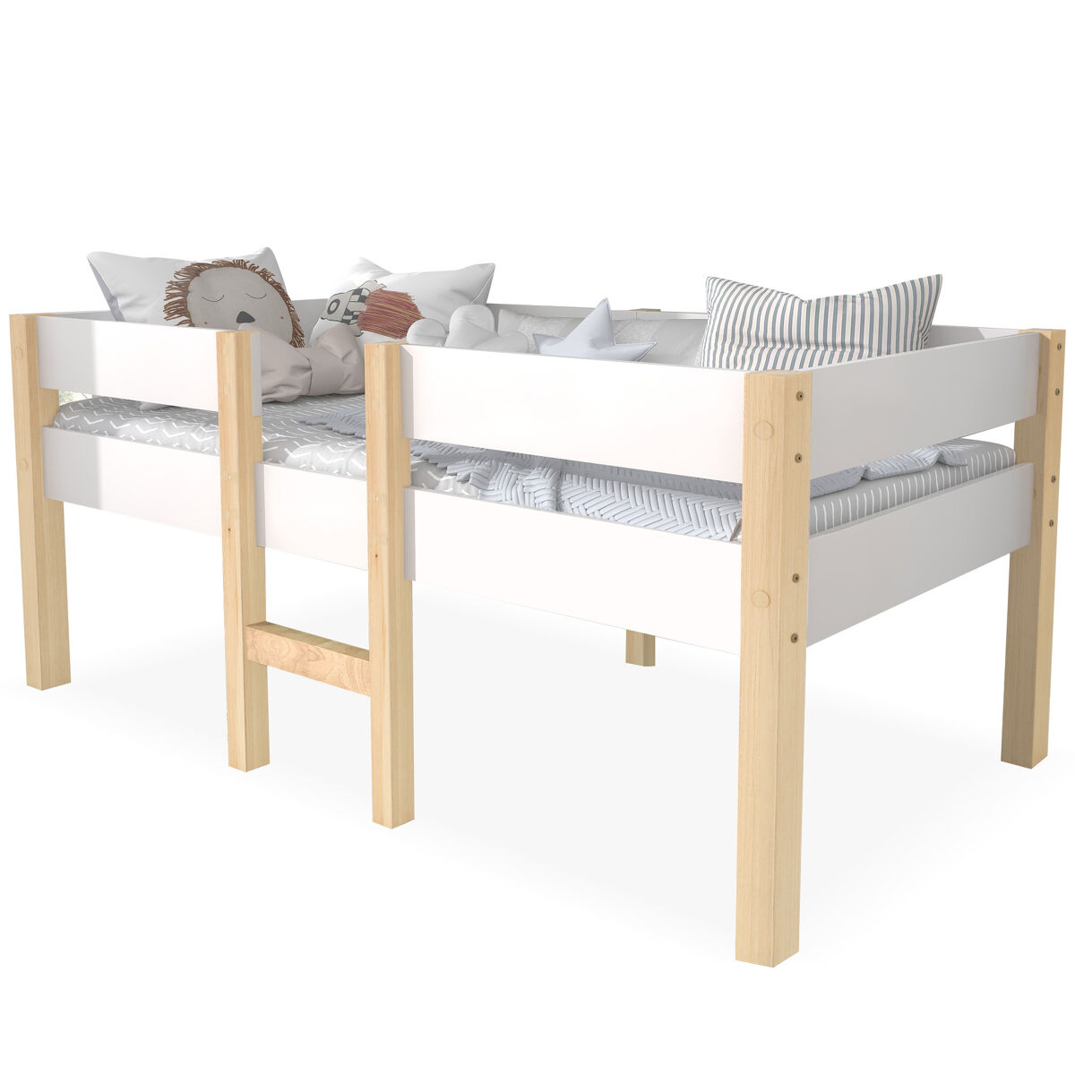 Cama alta com grades de proteção - madeira maciça de pinho - 90x200 cm - branco