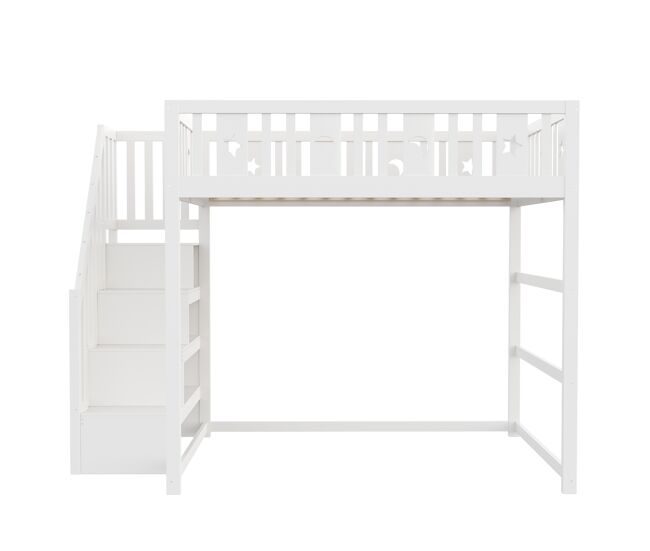 Cama alta infantil 140x200 - com escada, cama de madeira maciça com grade de segurança, decoração de estrelas e lua - branco