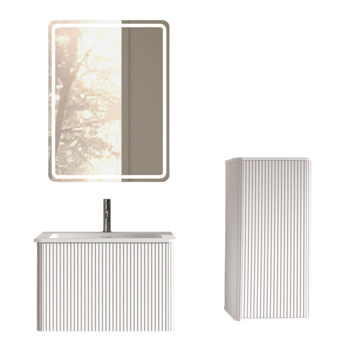 Conjunto de móveis de casa de banho de 61 cm - suspenso com lavatório, espelho led quadrado e armário auxiliar moderno - blanc