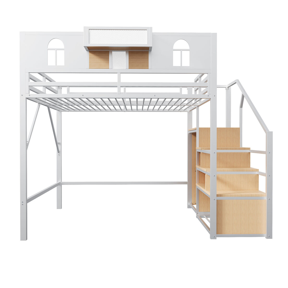 Cama alta metálica 140x200 - com escada de arrumação, janela, madeira e tecido, estrutura estável - branca