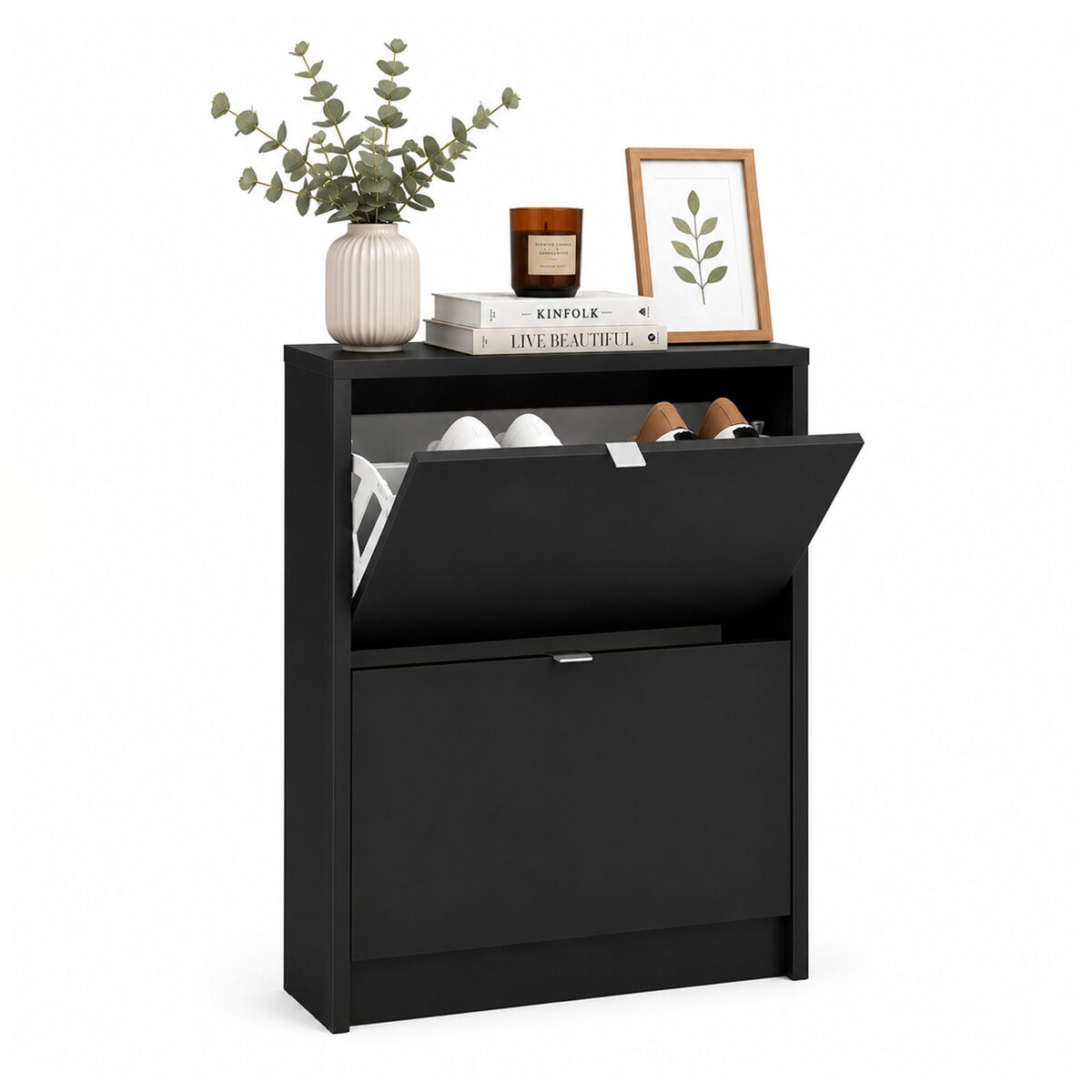 Adaja sapateira 2 portas basculantes matt black 71x17x86 cm / móvel sapateira moderno com 1 compartimento para hall de entrada, corredor ou quarto