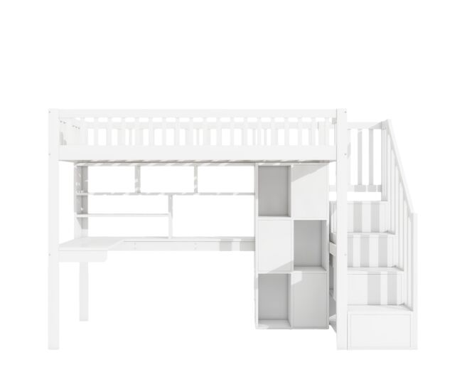 Cama alta 90x200 cm - com luzes led, prateleiras, secretária, sem colchão - branco