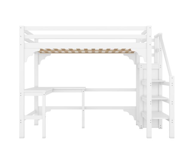 Cama alta de madeira 140x200 cm - com secretária, roupeiro e estrado - branco