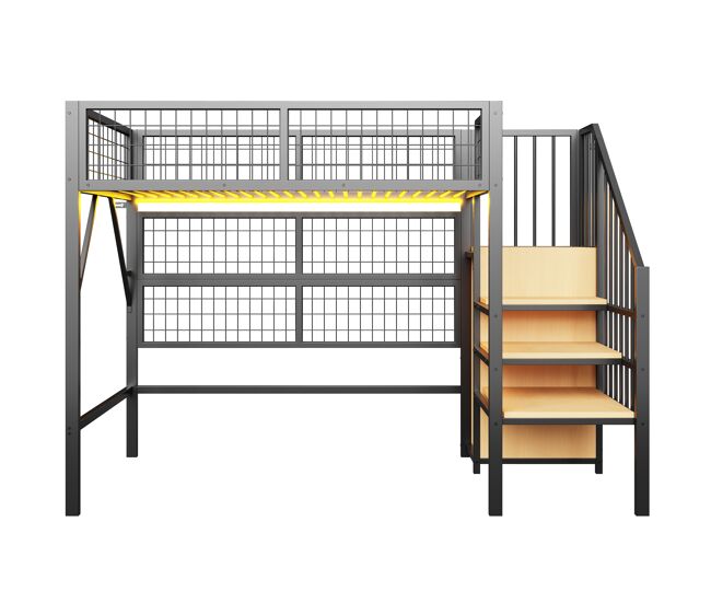 Cama alta metálica 90*200 - com luzes led controladas por app, escada com arrumação, armário aberto - preto
