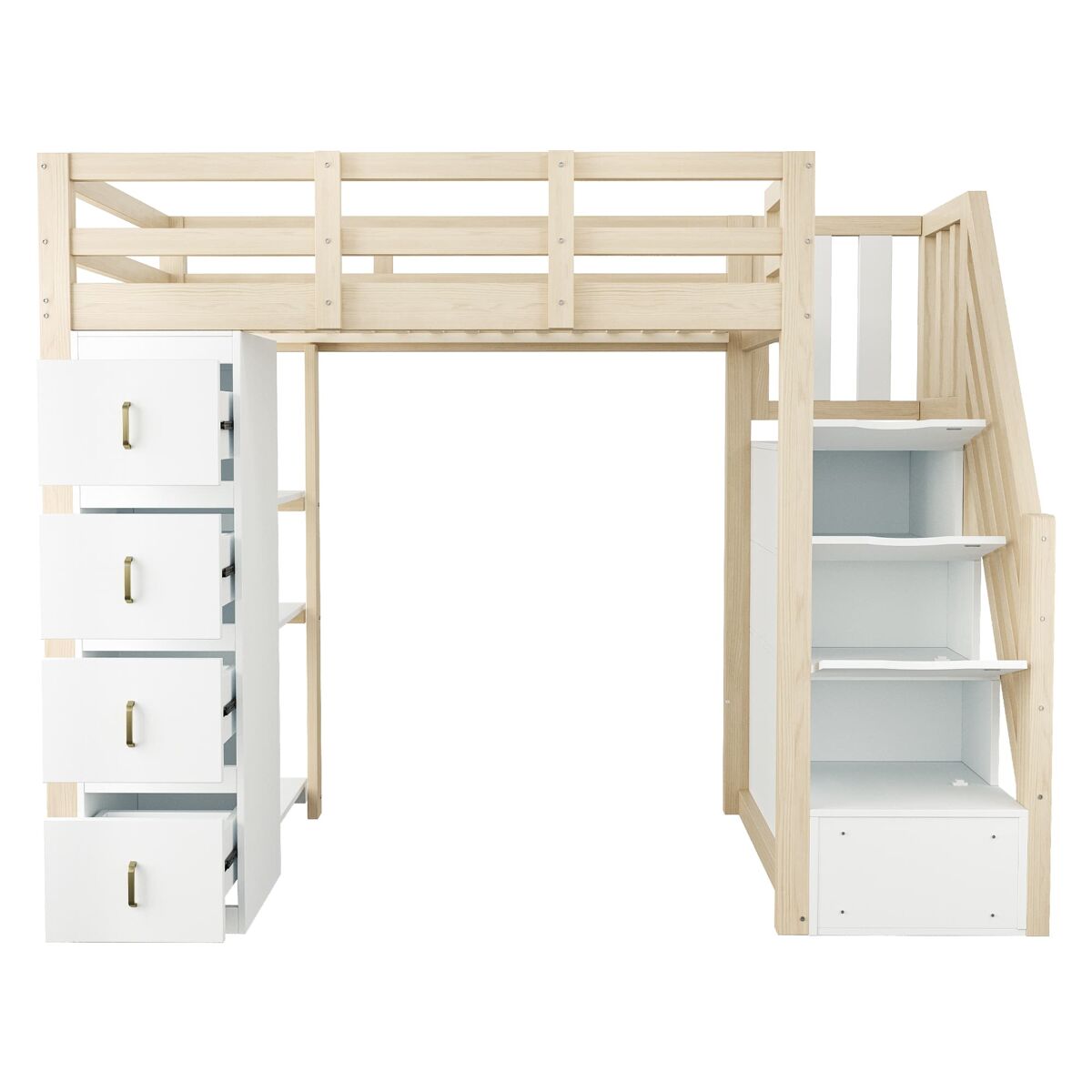 Cama alta 90 x 200 cm - com gavetas de arrumação, estante com vários prateleiros, escada segura, cama multifuncional em madeira maciça - cor de