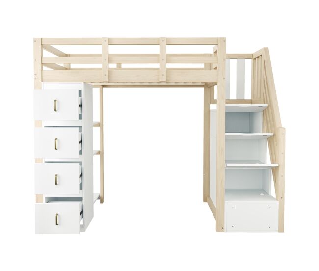 Cama alta 90 x 200 cm - com gavetas de arrumação, estante com vários prateleiros, escada segura, cama multifuncional em madeira maciça - cor de
