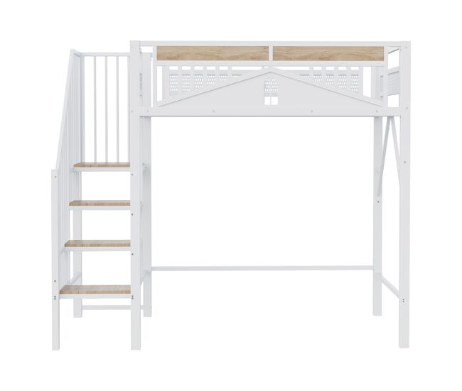 Cama alta metálica 90x200 cm - segurança com janela, escada de segurança, espaço livre para tela - branco