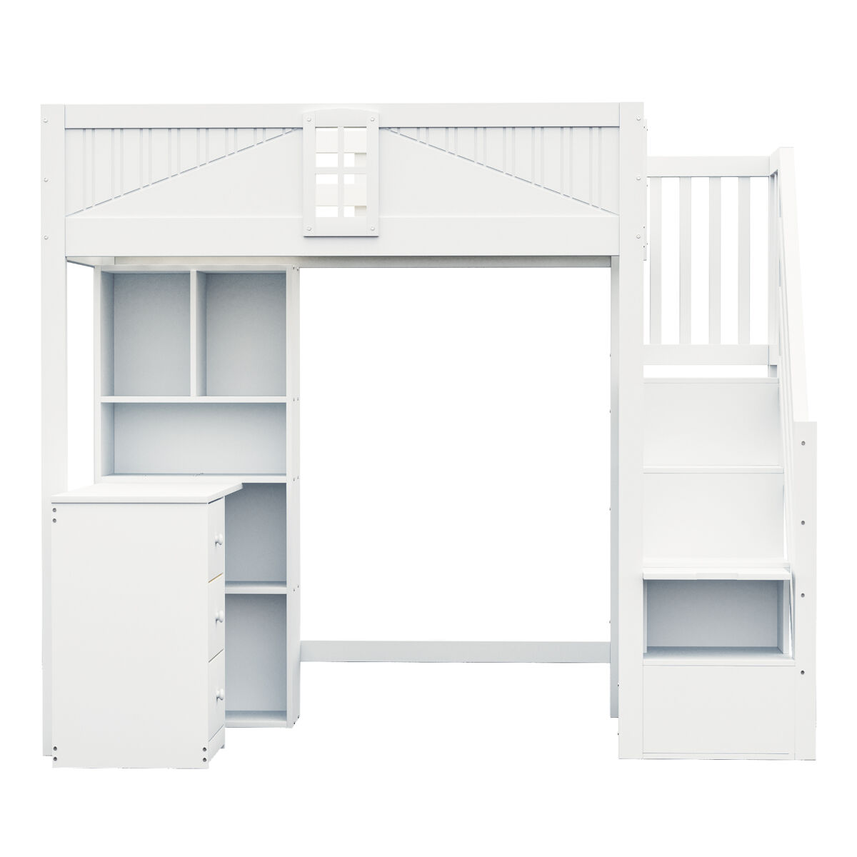 Cama alta em madeira maciça 90 x 200 cm - grade de segurança com janela, armários, secretária, gavetas e escada lateral intercambiável - branco
