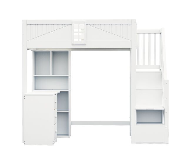Cama alta em madeira maciça 90 x 200 cm - grade de segurança com janela, armários, secretária, gavetas e escada lateral intercambiável - branco