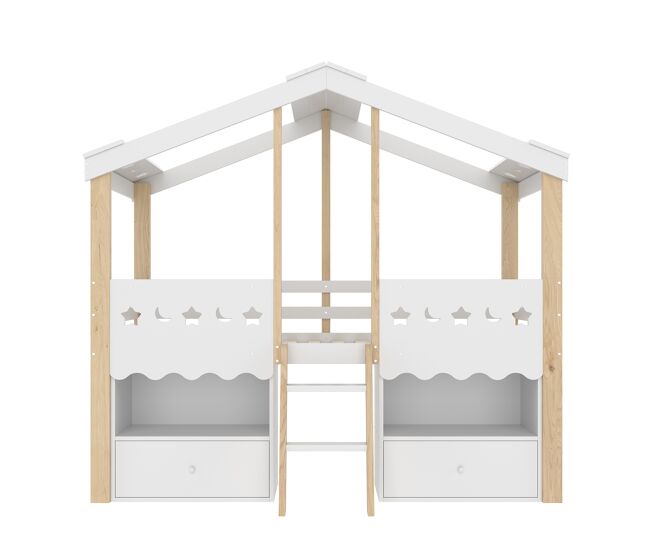 Cama semi-alta 90x200 cm - casa, 2 gavetas, luz led, sem colchão - branco + natural