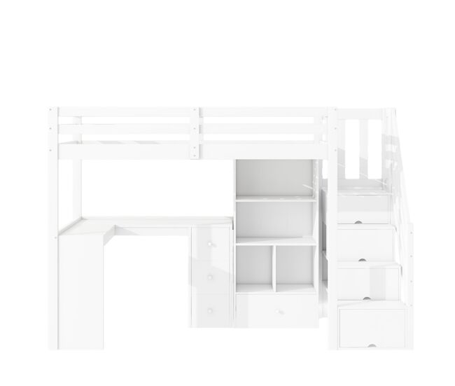 Cama alta de madeira 90x200 cm - com secretária e espaço de arrumação - branco