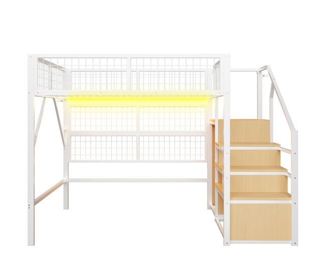 Cama alta metálica 140*200 cm - com escada, arrumação e luzes led controladas por app - branca