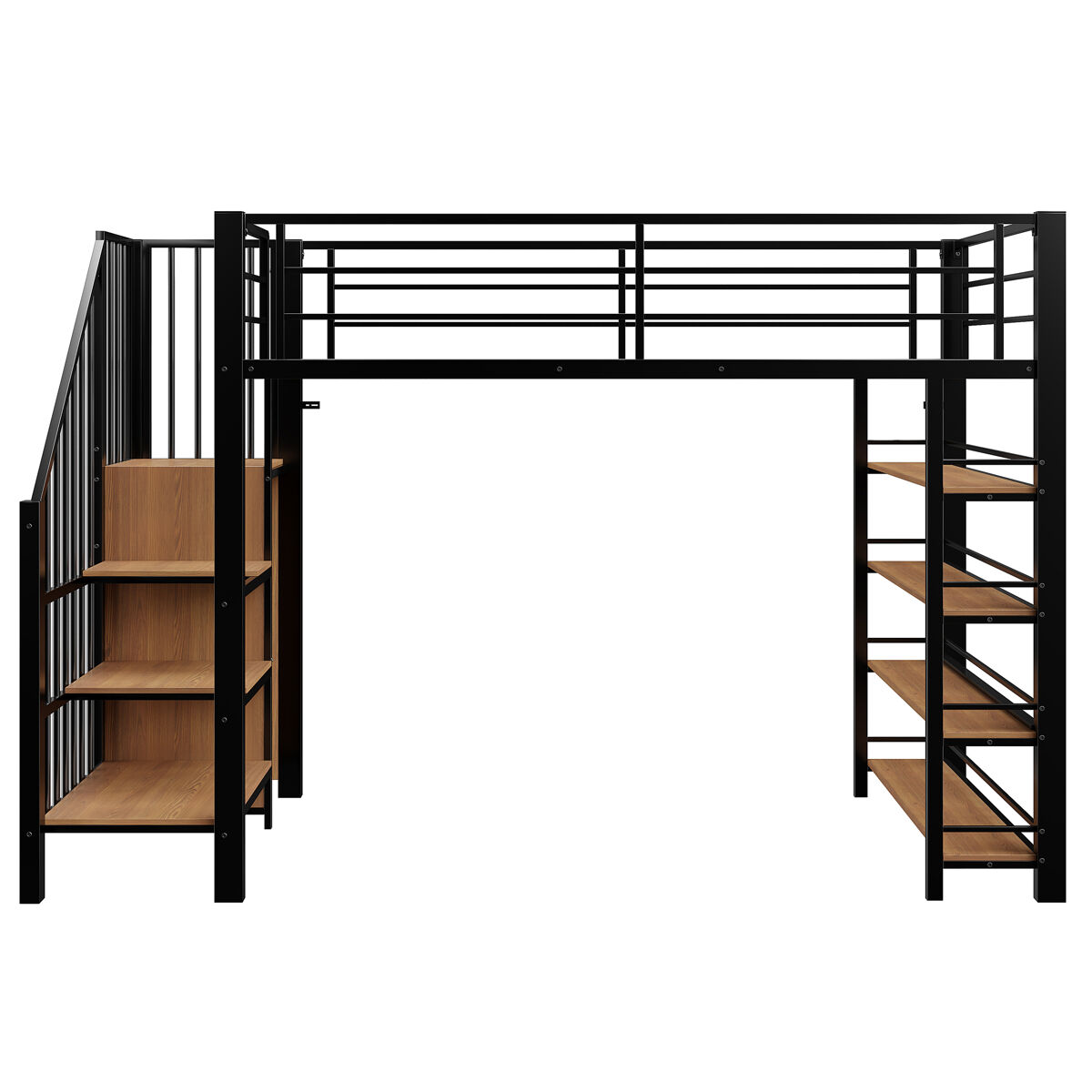Cama alta 90*200 cm - escada de segurança, arrumação e pequeno armário, prateleiras, design com cerca alta - preto