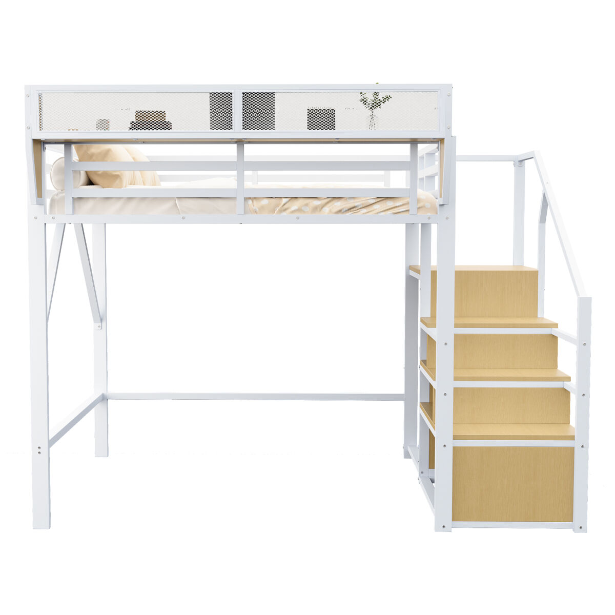 Cama alta 140x200 - com escada de segurança e compartimento de arrumação flexível - branco