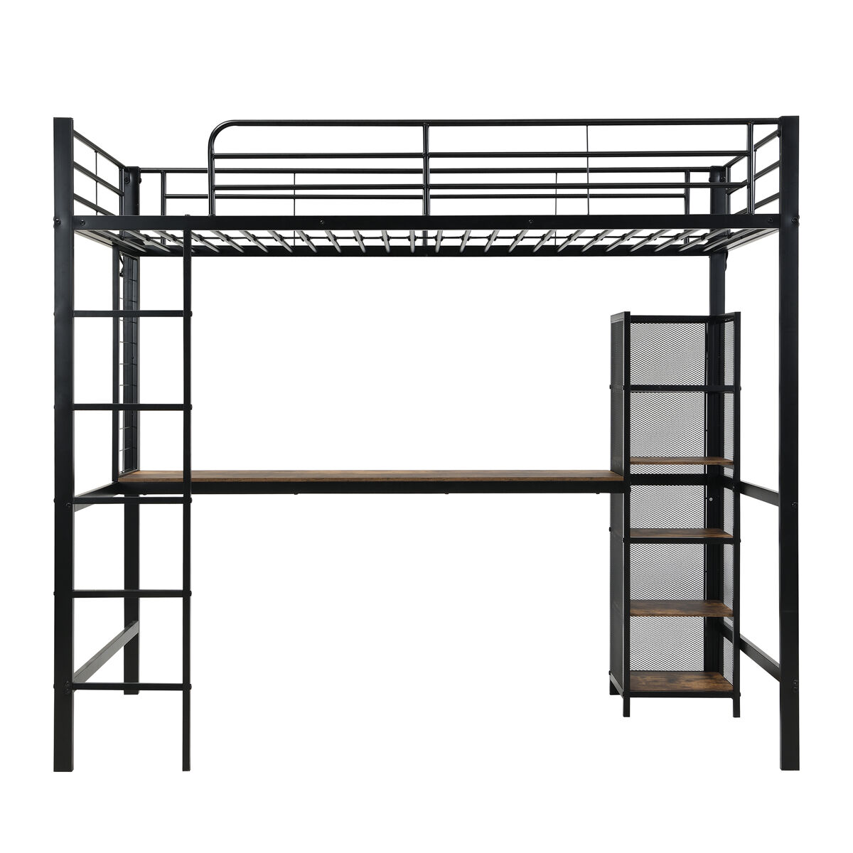 Cama alta 90x200 - cama de ferro com secretária e estante múltipla, grade e escada robusta - preto + madeira escura