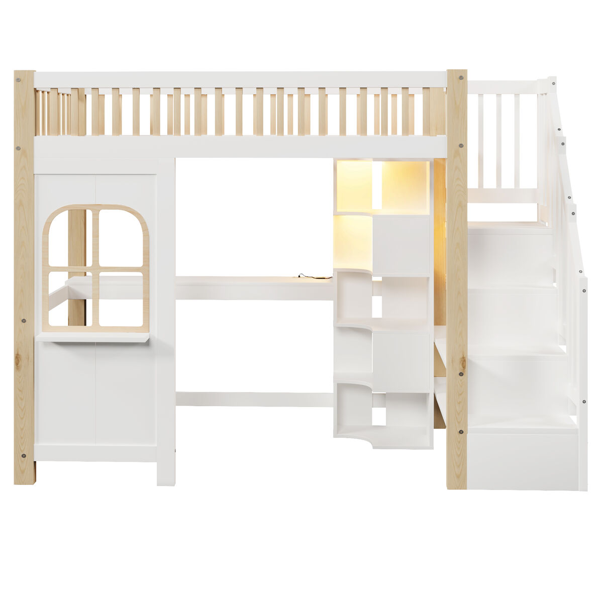 Cama alta 90x200 cm - com luzes led, janela, escada com arrumação, secretária, tomada - branco+natural