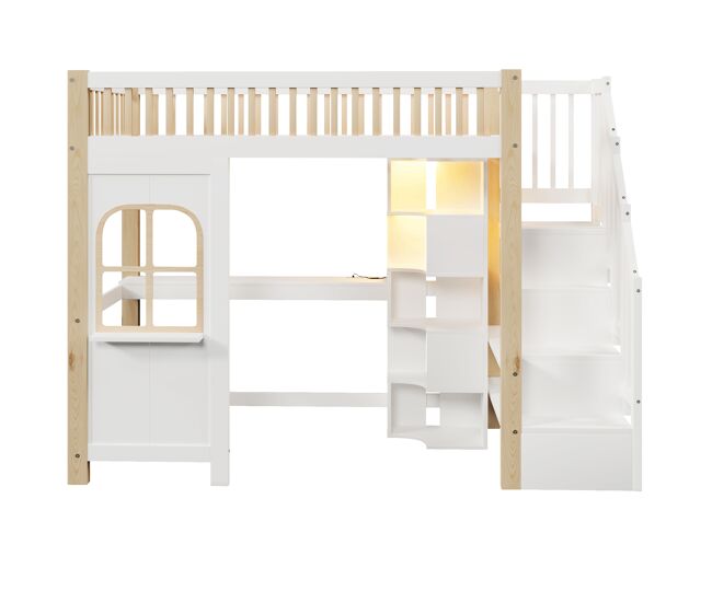 Cama alta 90x200 cm - com luzes led, janela, escada com arrumação, secretária, tomada - branco+natural