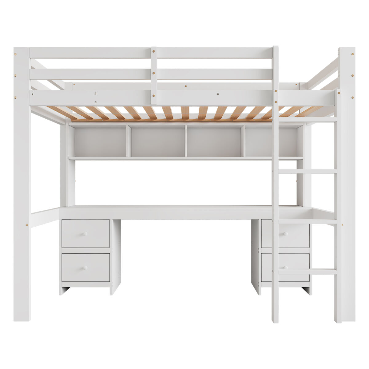 Cama mezzanine 90x200 cm - com secretária e 2 cómodas - pinho maciço e mdf - branco