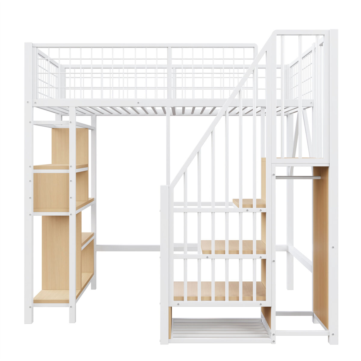 Cama alta multifuncional 90x200 cm - com arrumação, prateleiras e escada - branca