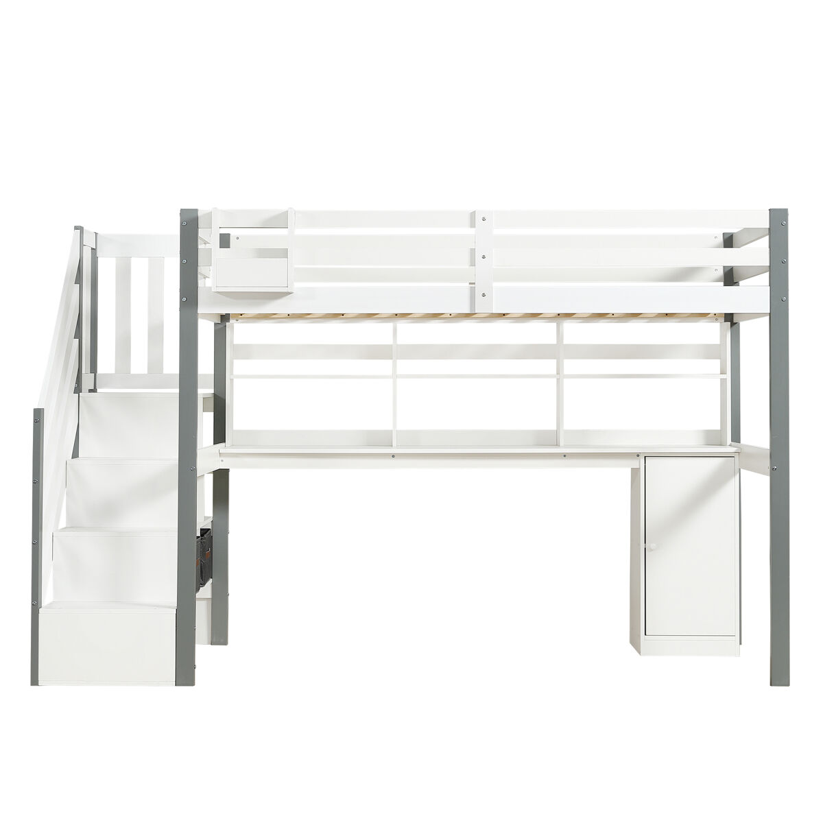 Cama semi-alta 90x200cm - com caixa de armazenamento em tecido, secretária com prateleiras e armários, escada lateral - branco+cinza
